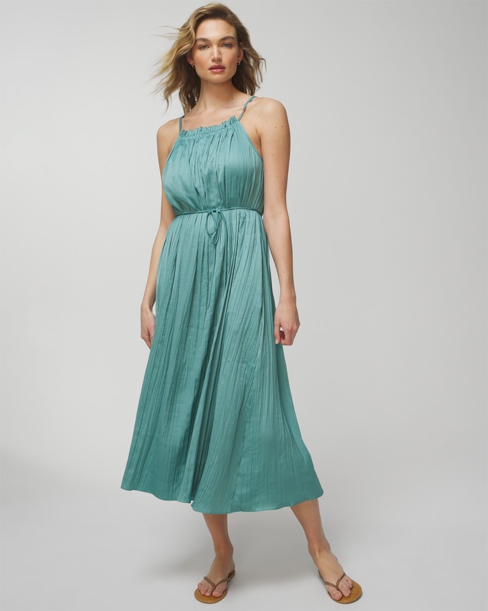 Soma Women's Satin Pleated Midi Sundress With Built-in Bra In Blue Size Small |  In Making Waves