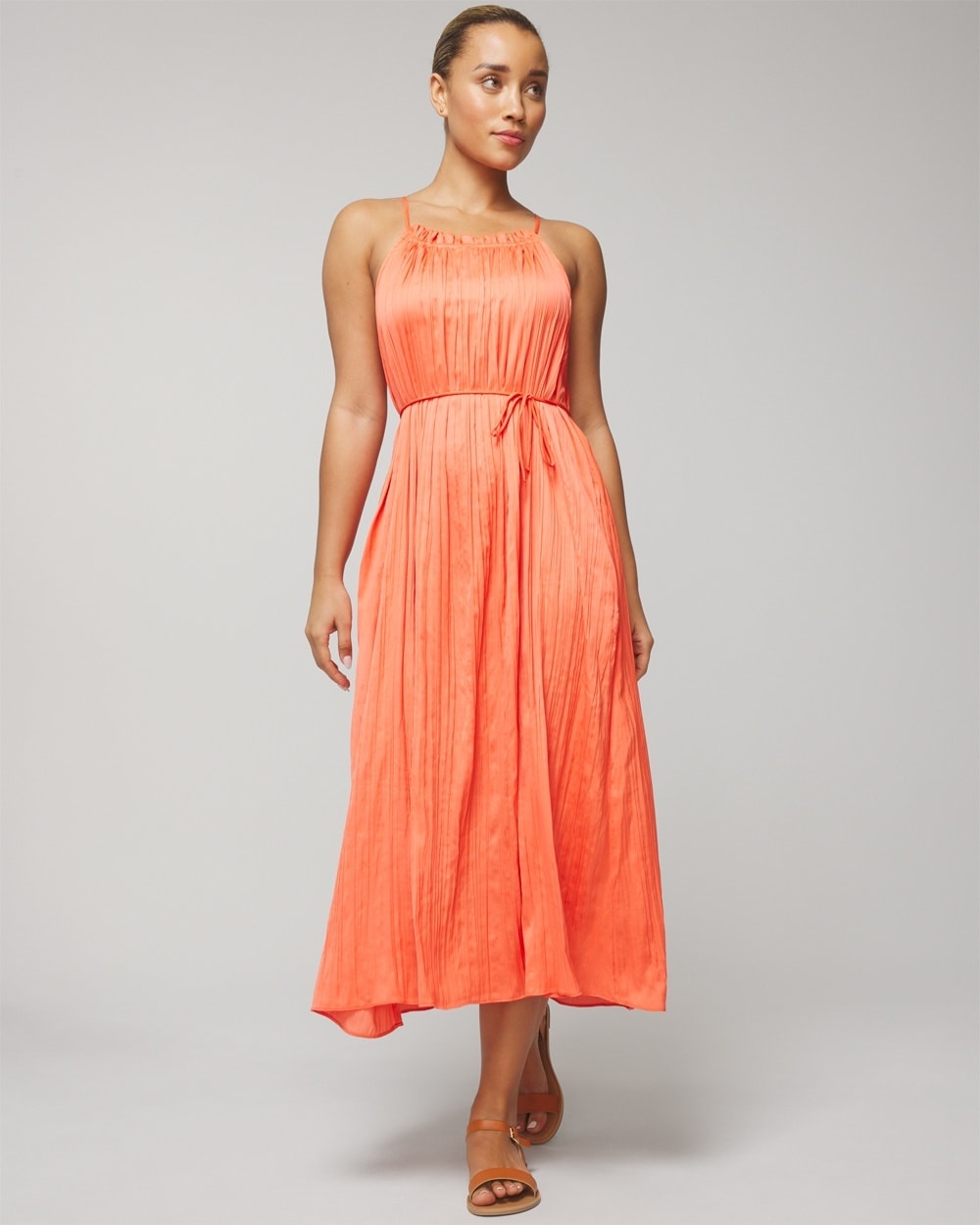 Soma Women's Satin Pleated Midi Sundress With Built-in Bra In Vivid Coral Size Large |