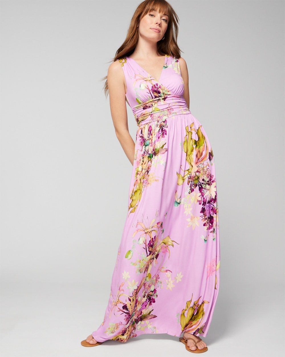 Soma Women's Soft Jersey Maxi Sundress With Built-in Bra In Pink Floral Size Small |  In Botanica Bouquet G Meta