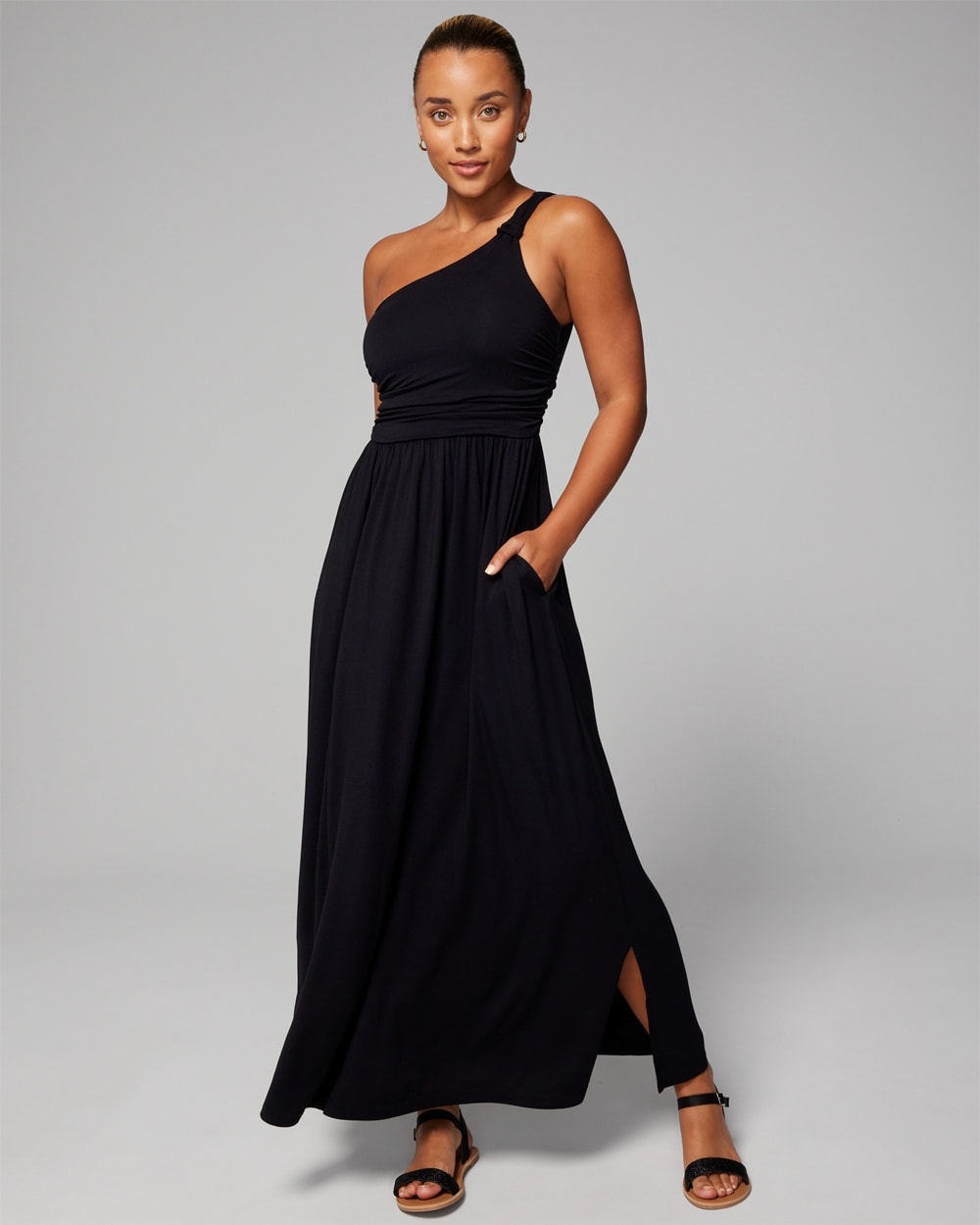 Women's Soft Jersey One-shoulder Knot Maxi Bra Dress In Black Size Xs 