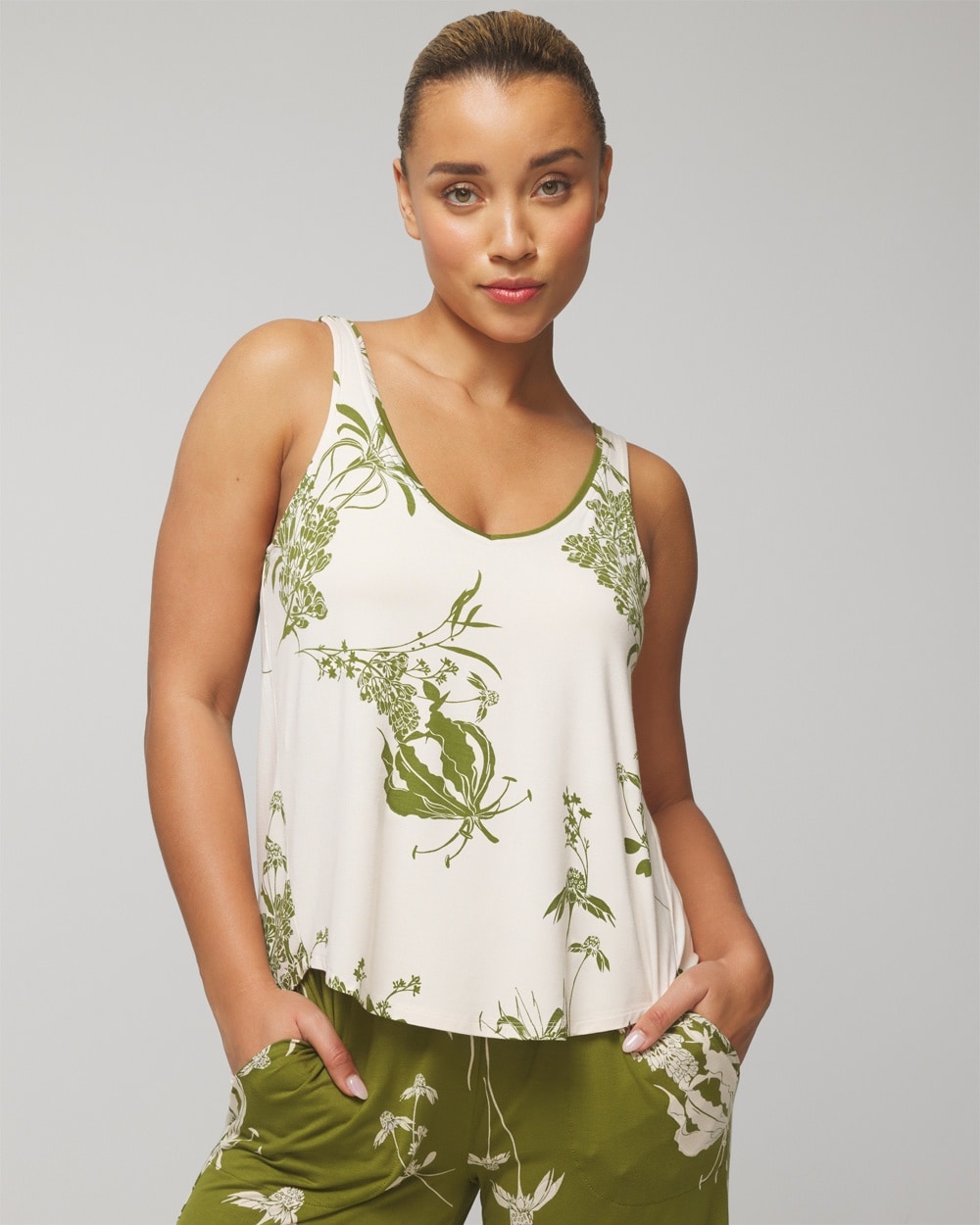 Soma Women's Cool Nights Sleep Tank Top In Green Size Medium |  In Shadow Fleur G Parchment