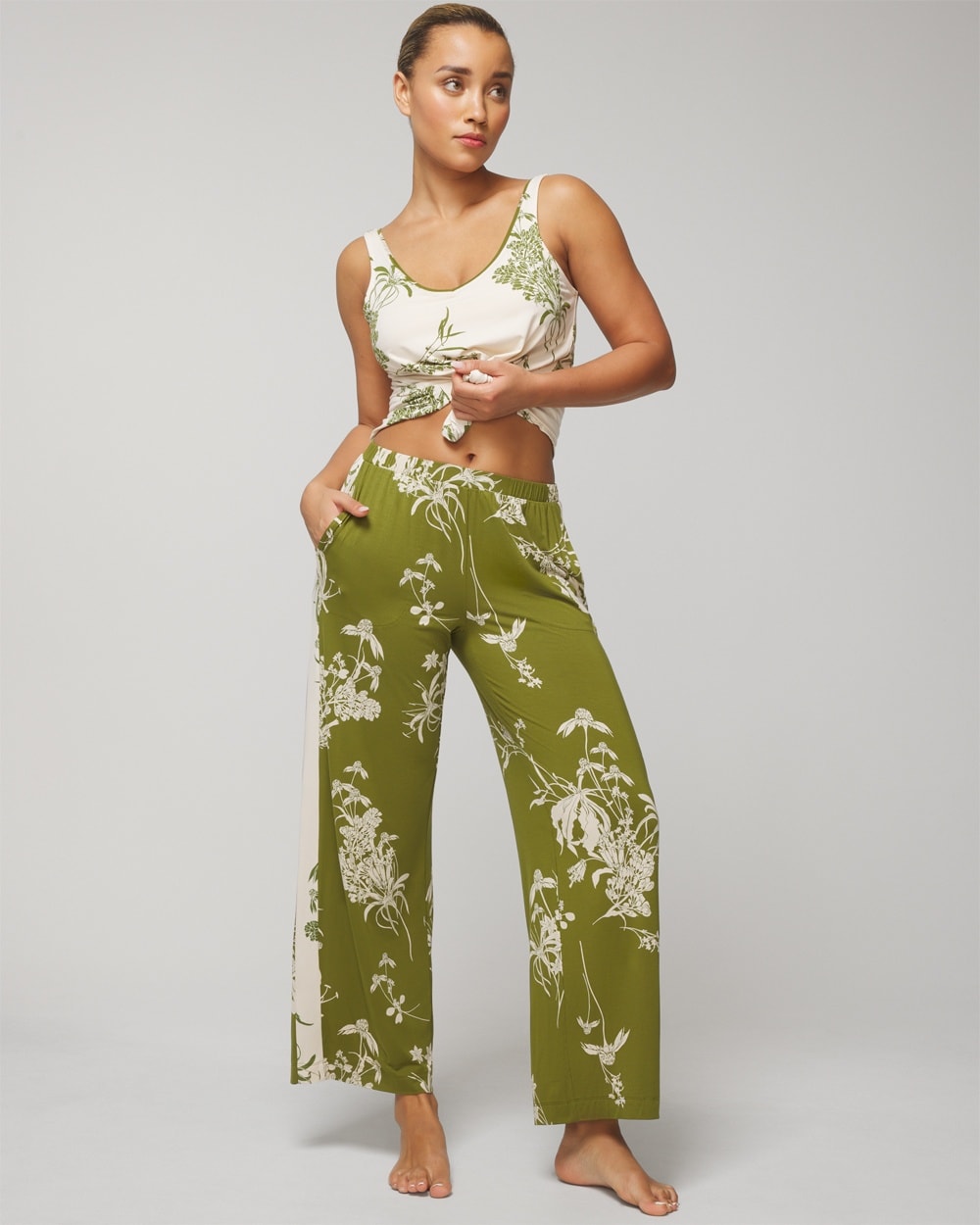 Soma Women's Cool Nights Wide-leg Ankle Pajama Pants In Matcha Green Size Medium |  In Shadow Fleur G Matcha
