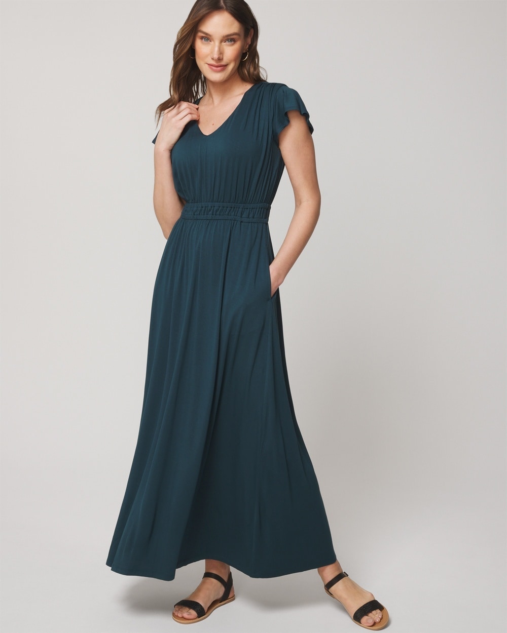 Soma Women's Soft Jersey Flutter Sleeve Maxi Sundress With Built-in Bra In Teal Size Large |  In Dark Harbour
