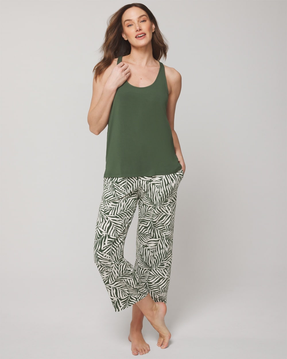 Soma Women's Cool Nights Sleep Tank Top + Crop Pajama Pants Set In Green Size Xl |  In Unbeleafable Mini Ivy