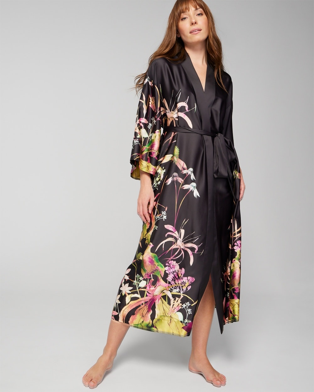 Soma Women's Satin Long Robe In Black Floral Size Small/medium |  In Botanica Placement Black