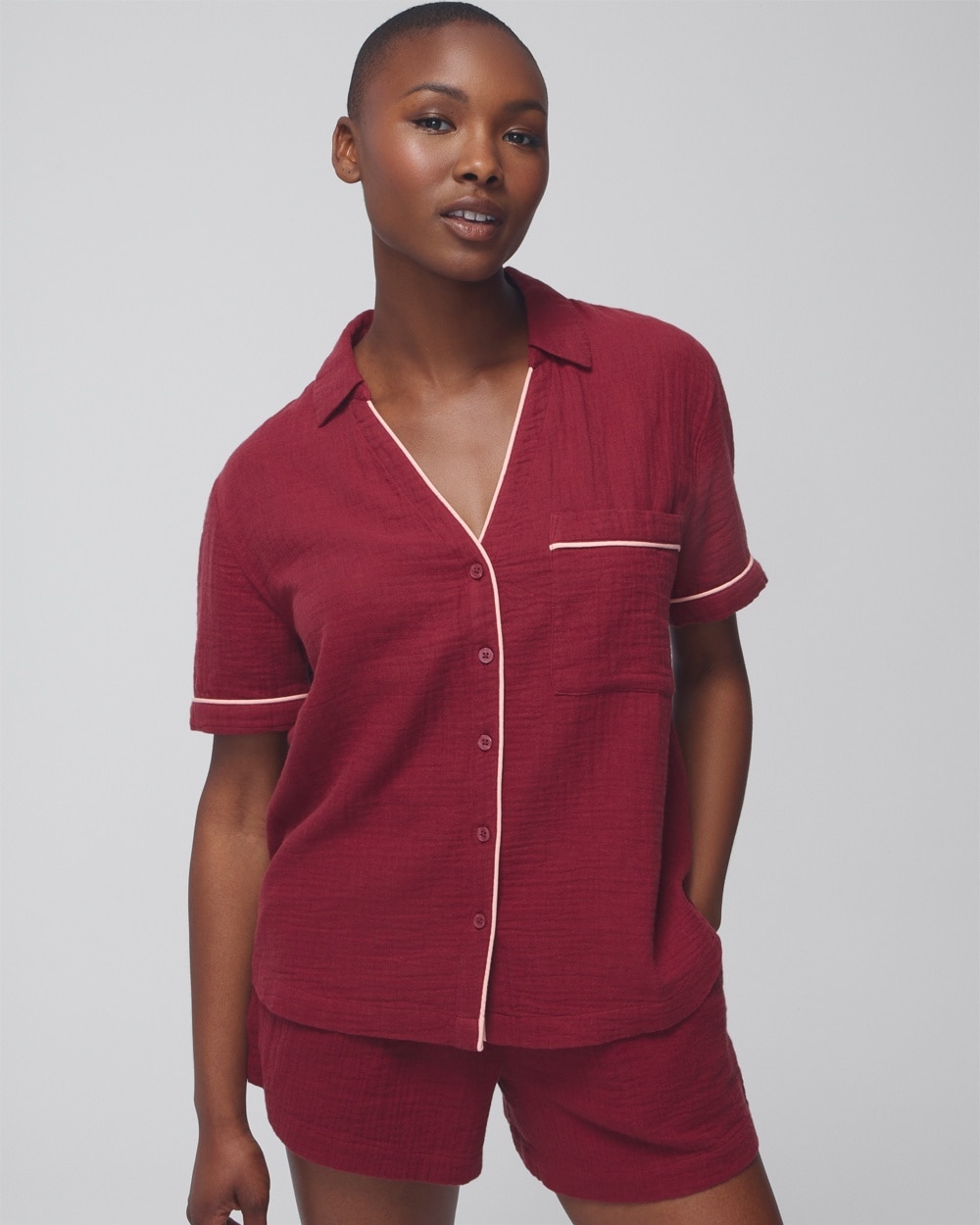 Soma Women's Cotton Gauze Short Sleeve Pajama Top In Red Size Large |  Pajama Sets In Vermillion