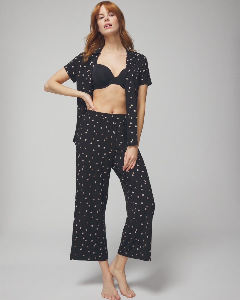 Soma Women's Cool Nights Cropped Pajama Pants In Plumeria Dot Black Size Xs |