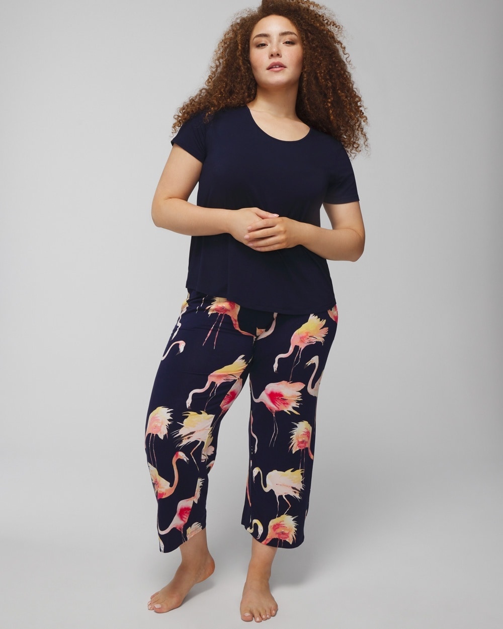 Soma Women's Cool Nights Short Sleeve + Cropped Pajama Pants Set In Flamingle Sm Navy Size Small |