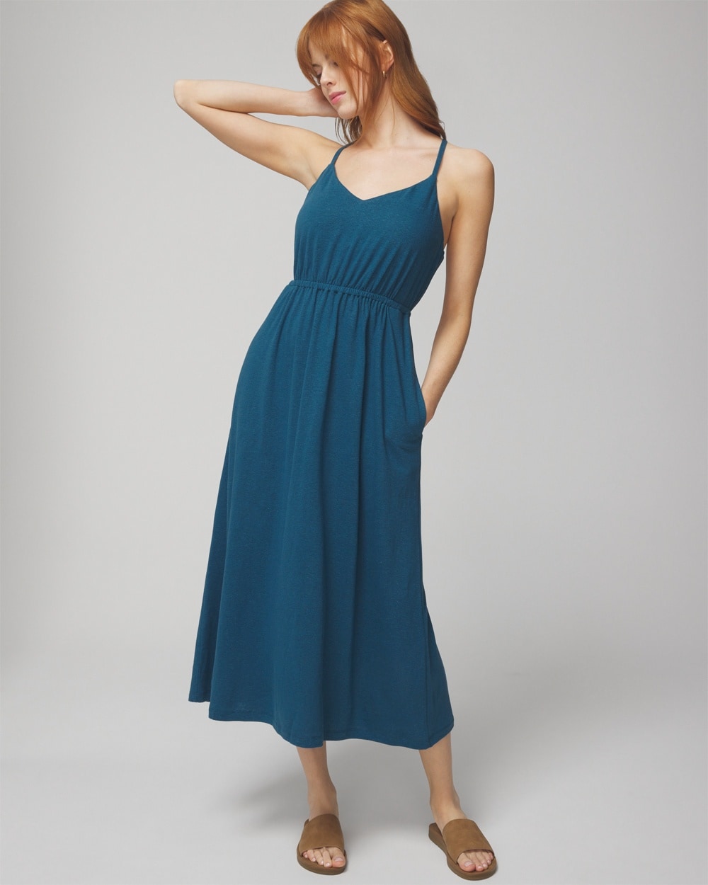 Shop Soma Women's Linen Jersey Midi Sundress With Built-in Bra In Timeless Blue Size Xl |