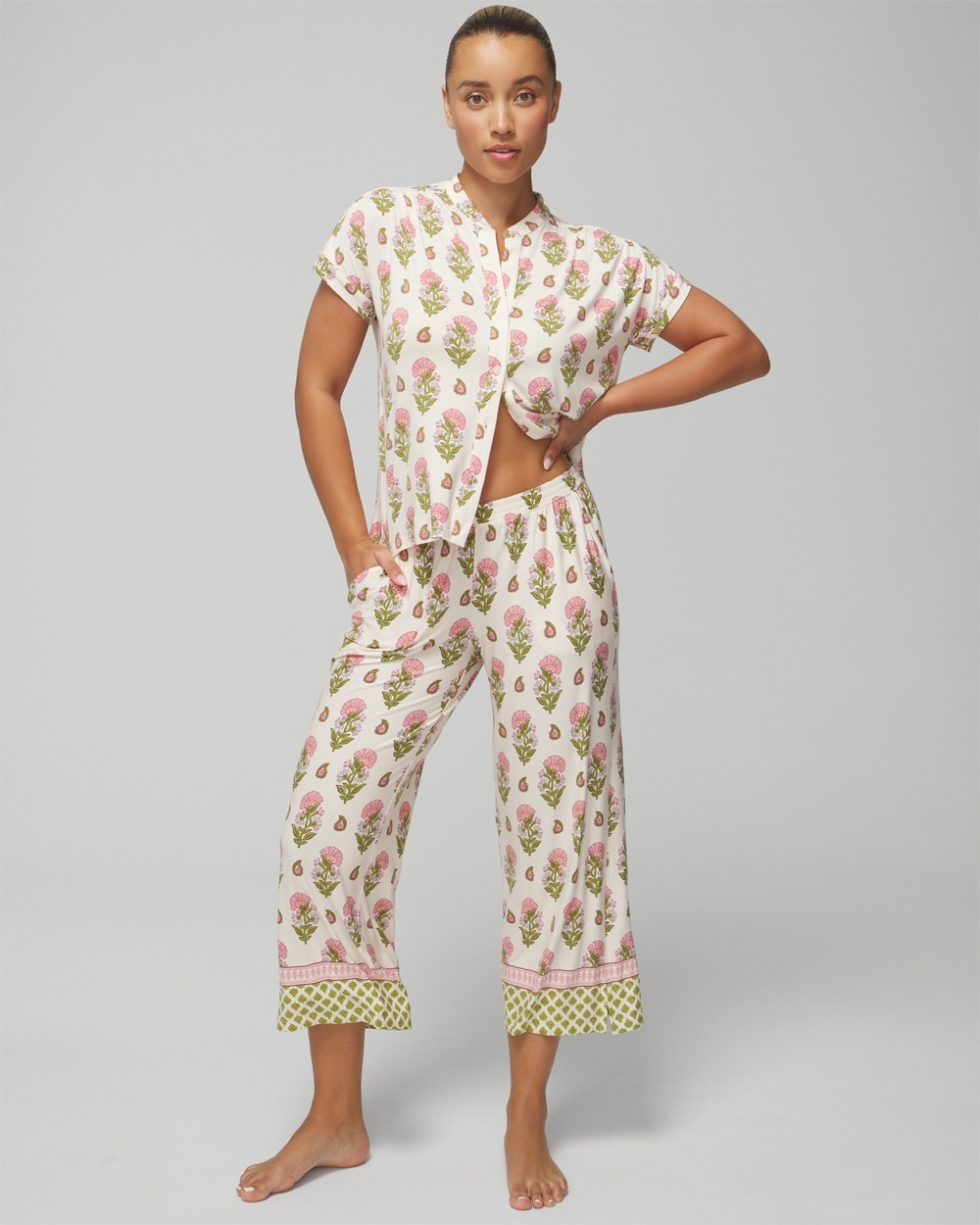 Soma Women's Cool Nights Cropped Pajama Pants In Paisley Floral Border Ws Size Large |  In Multi