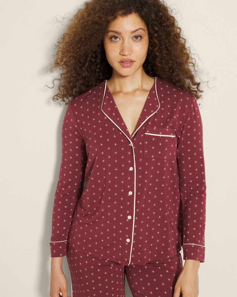 SOMA WOMEN'S COOL NIGHTS PIPED LONG SLEEVE PAJAMA TOP IN RED SIZE MEDIUM | SOMA PAJAMA SETS