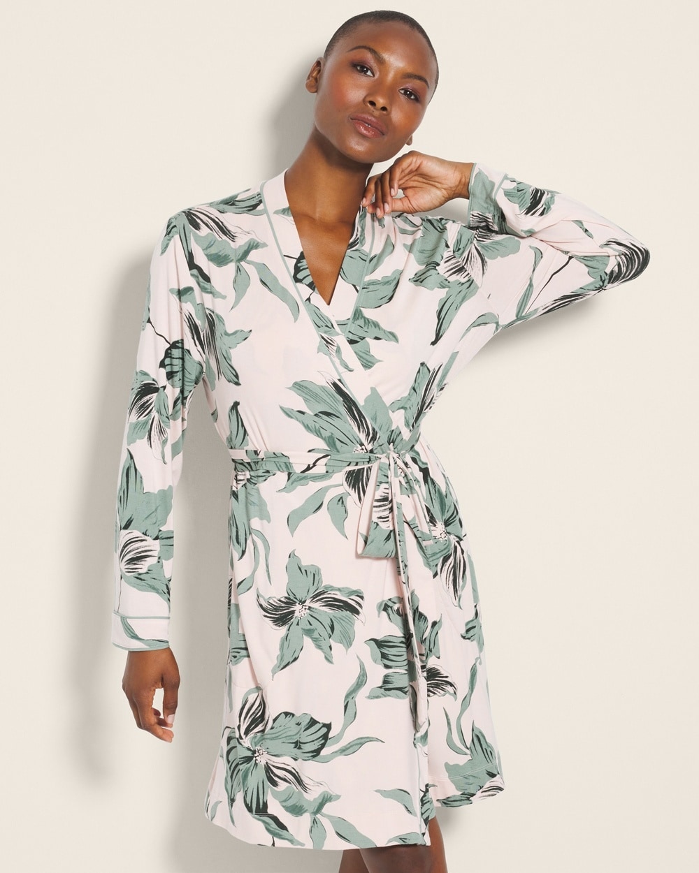 Soma Women's Cool Nights Piped Short Robe In Pink Size Small/medium |  In Bloom Breeze G Sepia Rose