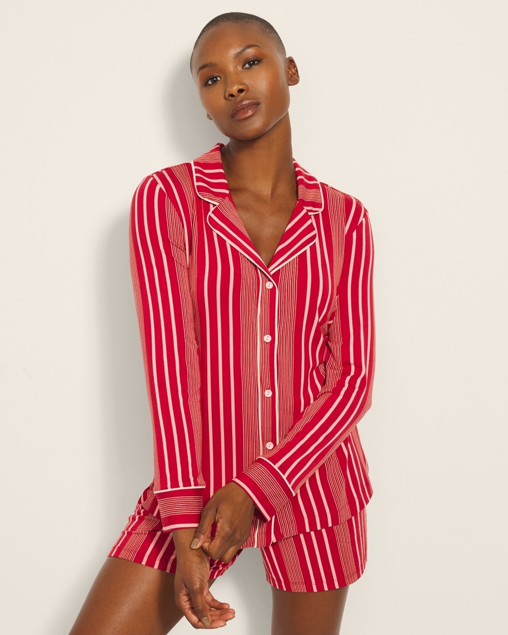 Shop Soma Women's Cool Nights Long Sleeve Printed Pajama Top In Red Size Small | Pajama Sets In Aspen Stripe Red