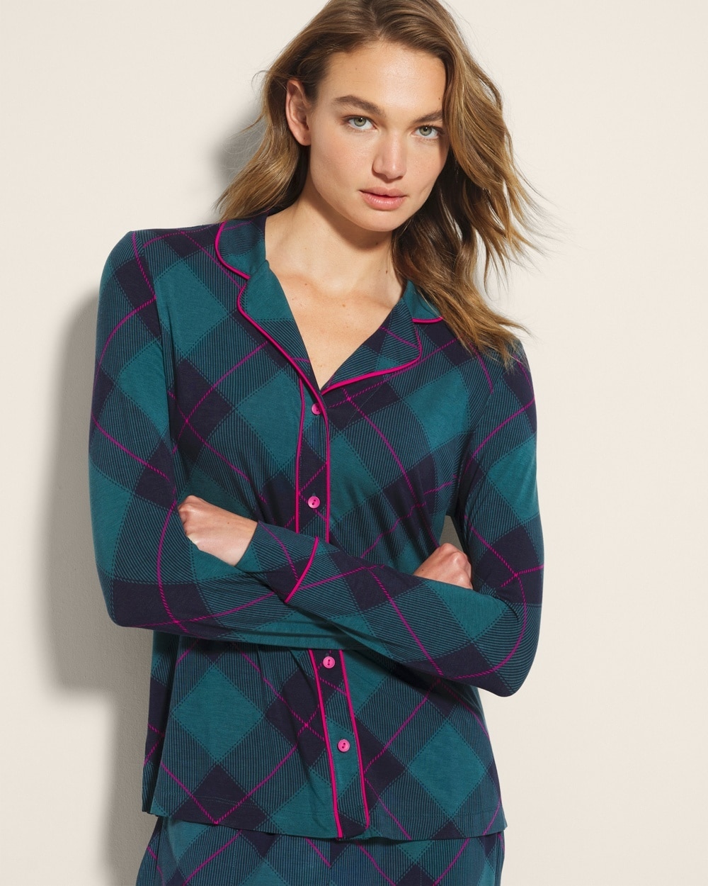 Soma Women's Cool Nights Long Sleeve Printed Pajama Top In Green Size Xs | Pajama Sets In Bundle Up Plaid Bias Teal