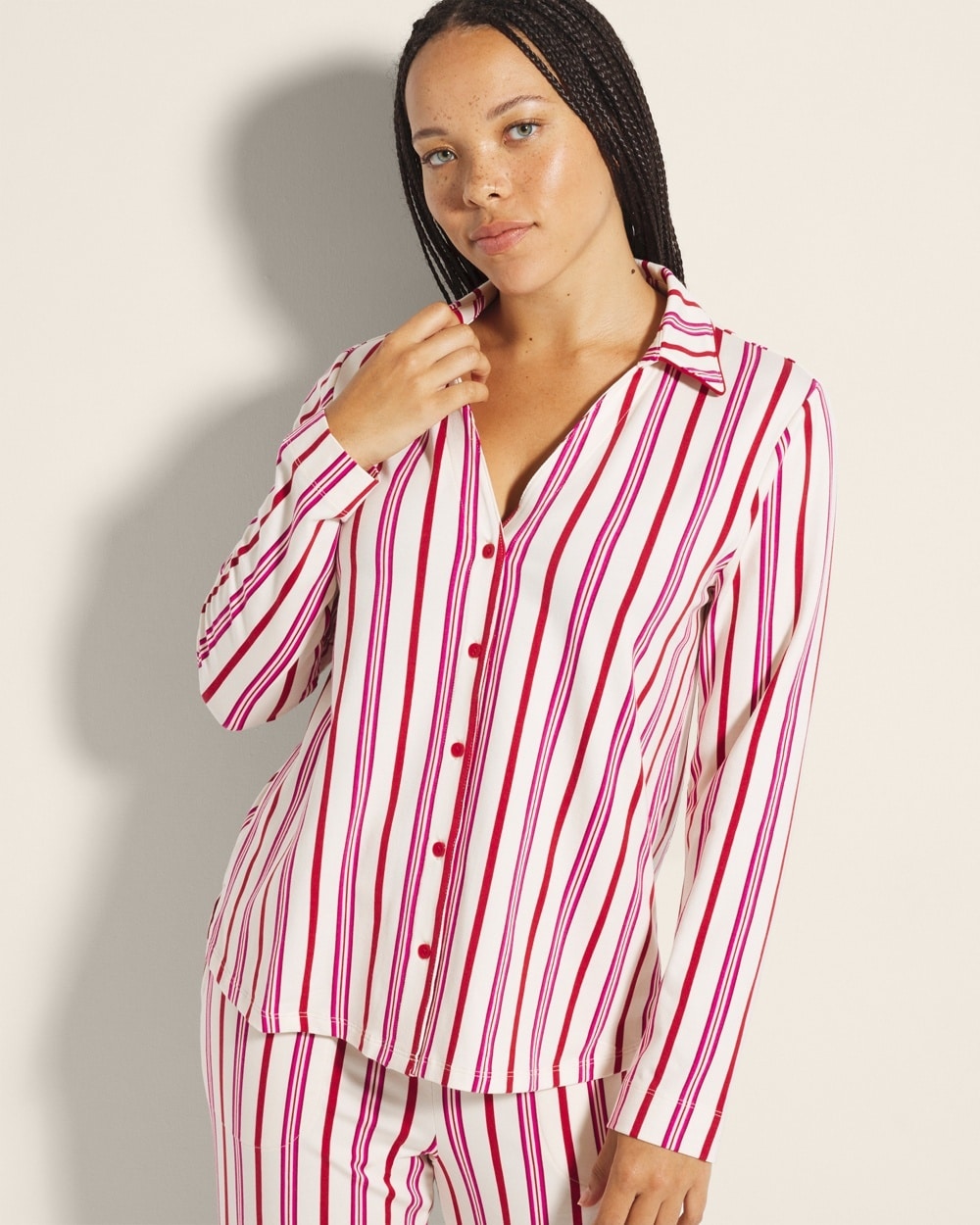 Soma Women's Cotton Modal Long Sleeve Notch Collar Pajama Top In Ivory Size 2xl | Pajama Sets In Smart Stripe Champagne