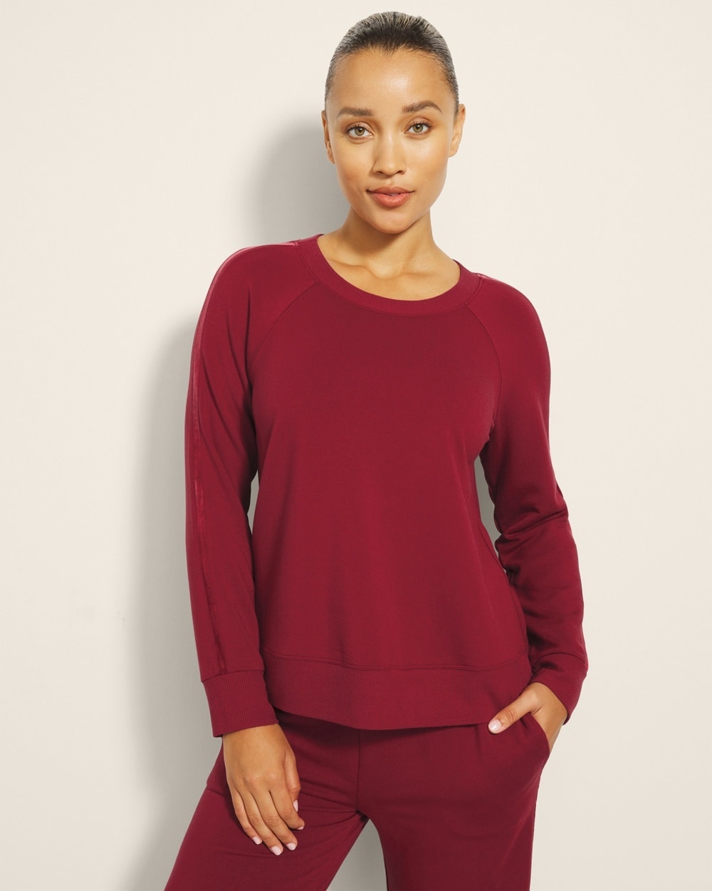 SOMA WOMEN'S ULTRA SOFT FLEECE VELOUR TRIM CREWNECK IN RED SIZE 2XL | SOMA