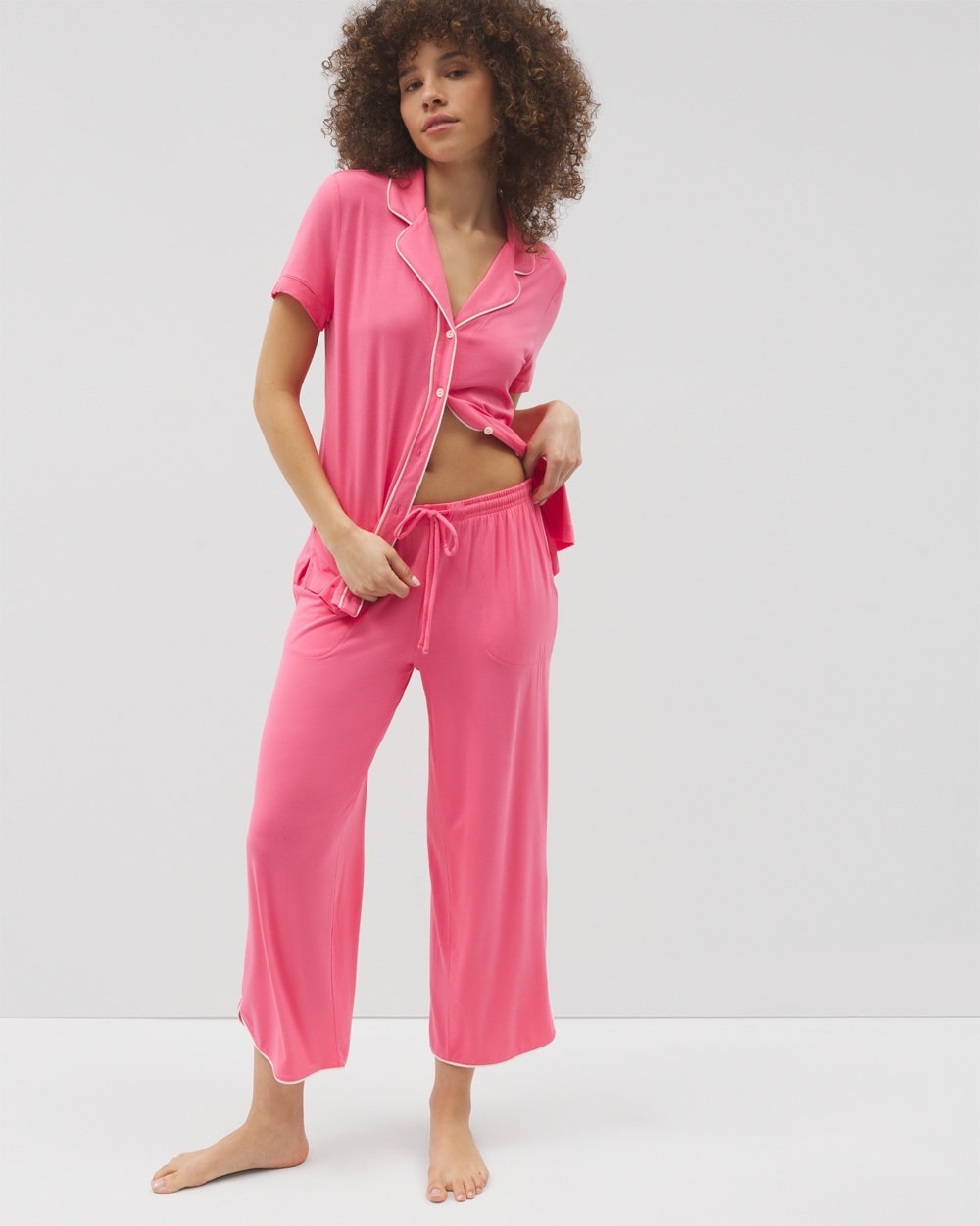 SOMA WOMEN'S COOL NIGHTS PIPED CROP PAJAMA PANTS IN SOLID PINK SIZE XS | SOMA MOTHER'S DAY PAJAMAS