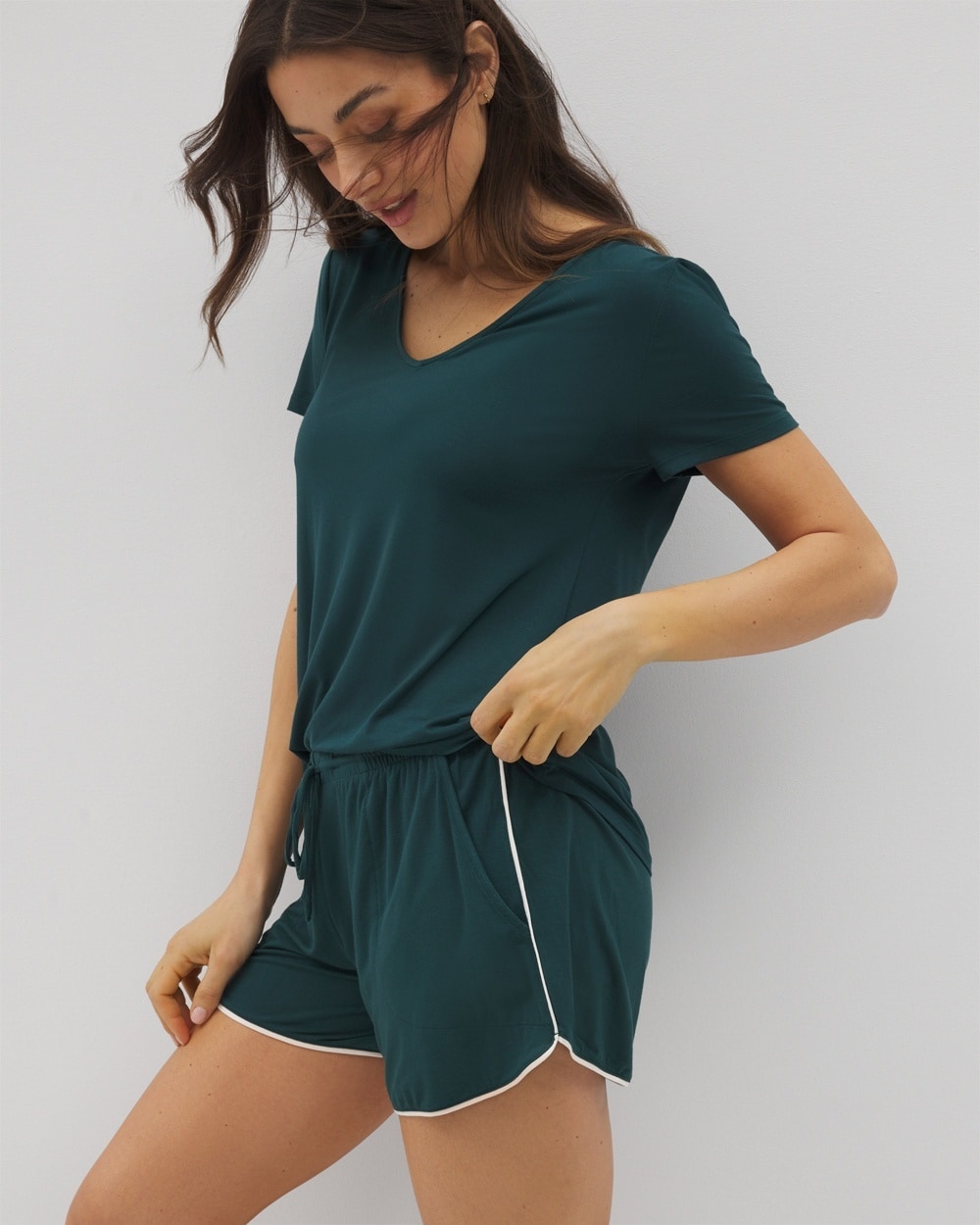 SOMA WOMEN'S COOL NIGHTS PIPED PAJAMA SHORTS IN SOLID GREEN SIZE MEDIUM | SOMA MOTHER'S DAY PAJAMAS