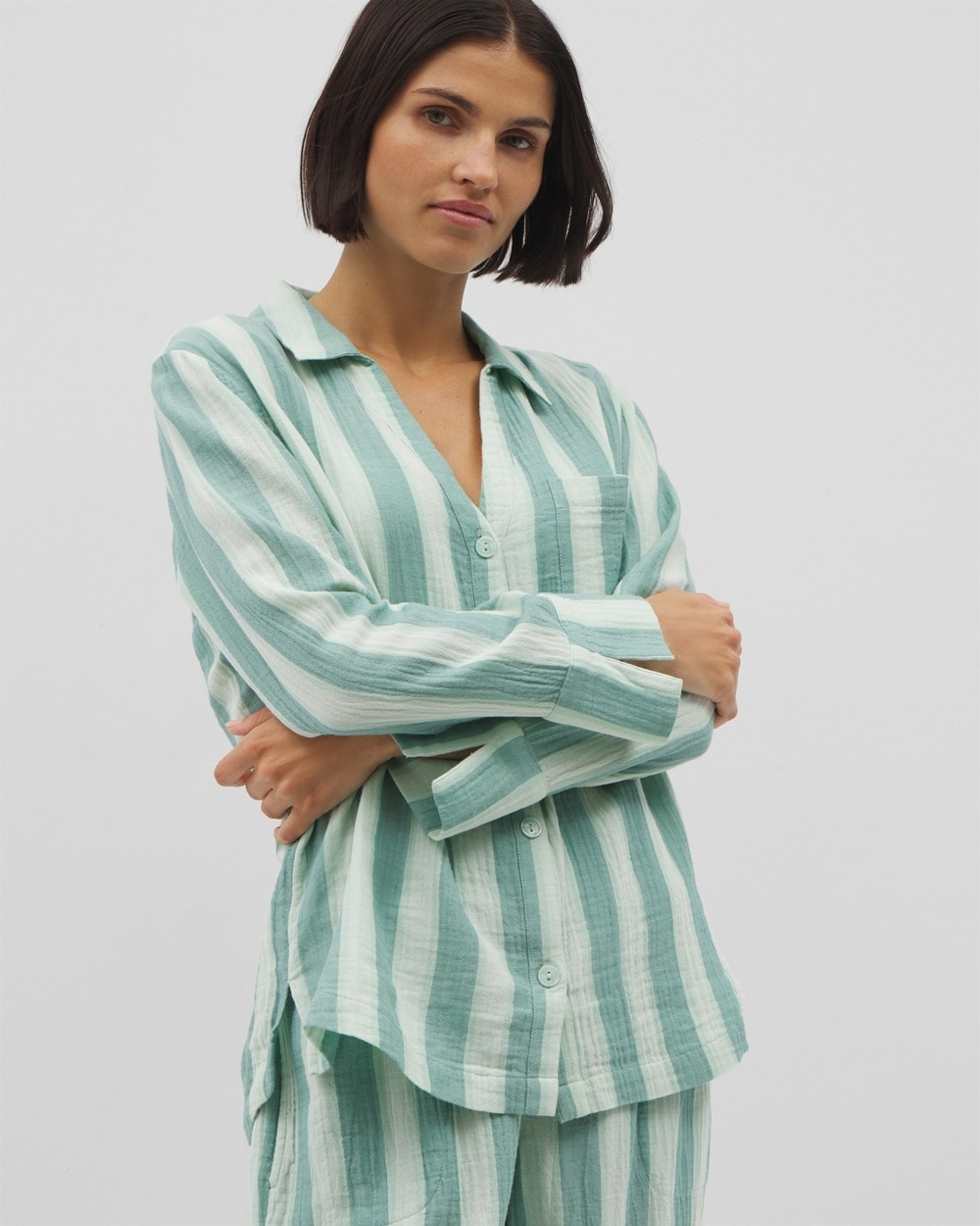 Cotton Gauze Long Sleeve Notch Collar