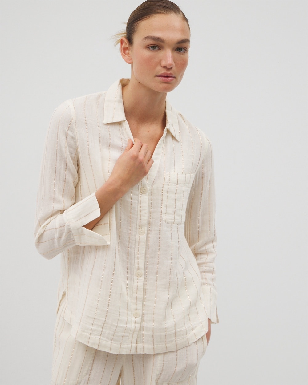 Shop Soma Women's Cotton Gauze Long Sleeve Pajama Top In Ivory Size 2xl |  Mother's Day Pajamas In Champagne Stripe