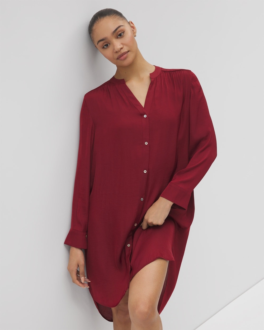 Crinkle Satin Long Sleeve Sleepshirt