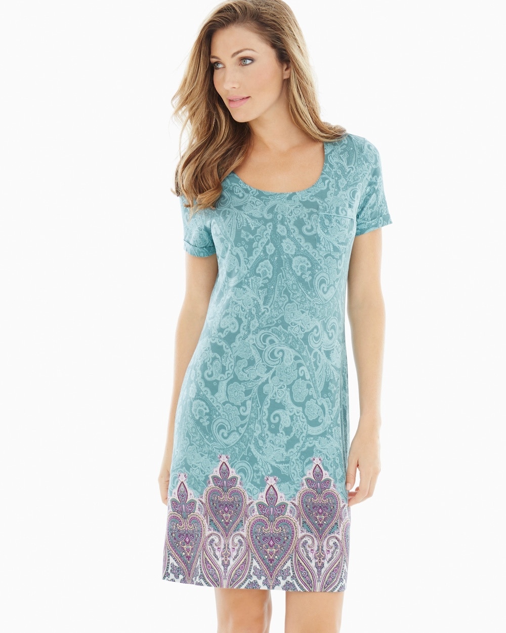 Embraceable Cool Nights Short Sleeve Sleepshirt Lustrous Paisley Jade Border