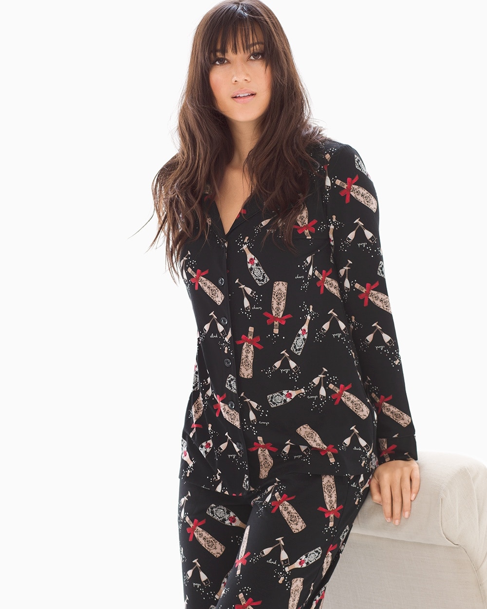 Embraceable Long Sleeve Notch Collar Pajama Top Cheers To Us Black
