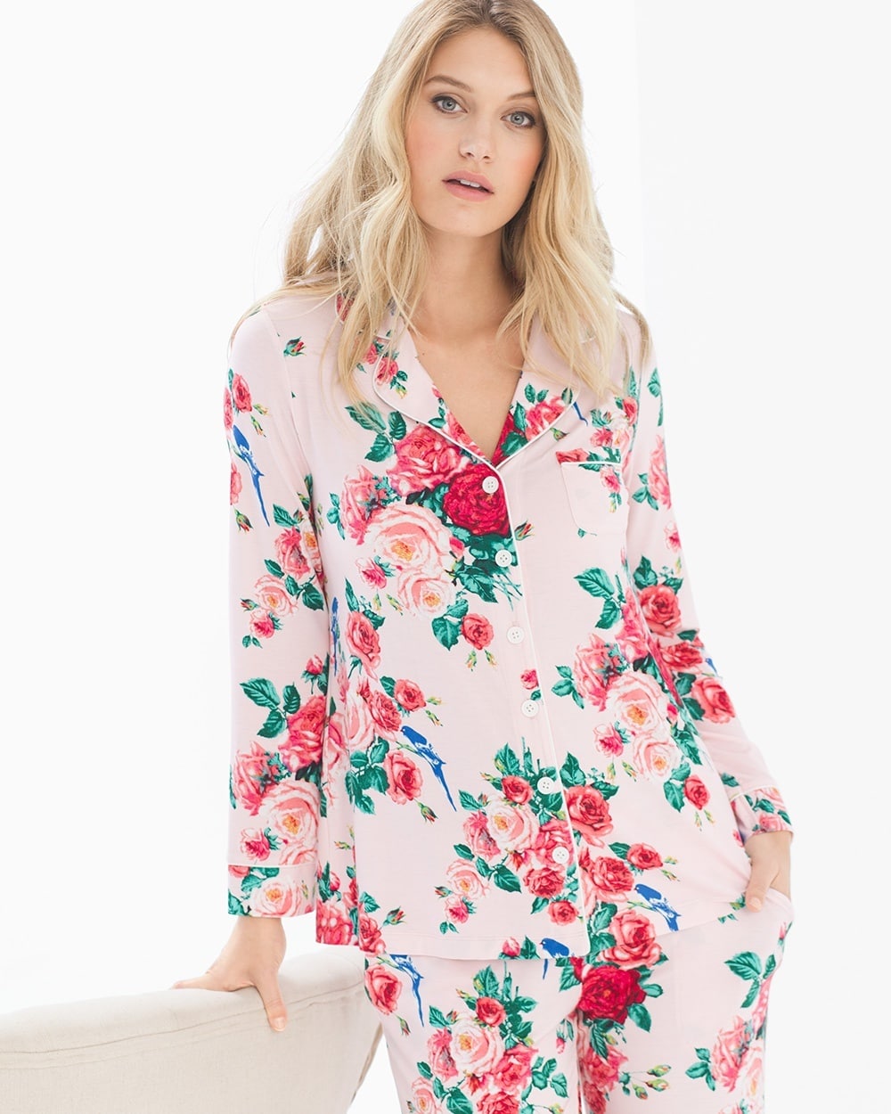 Cool Nights Long Sleeve Notch Collar Pajama Top Floral Fancy Pink