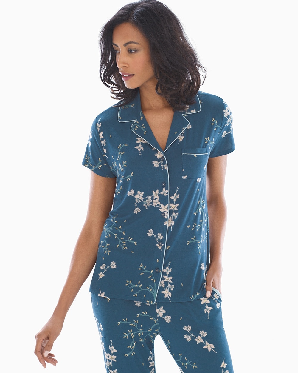 Cool Nights Short Sleeve Notch Collar Pajama Top Alluring Floral Blue