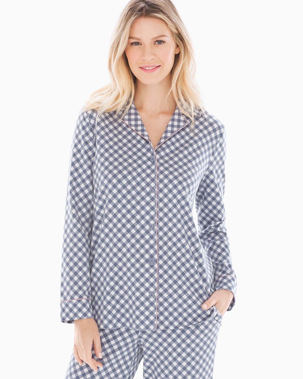 Embraceable Long Sleeve Notch Collar Pajama Top Plaid Mystery Blue