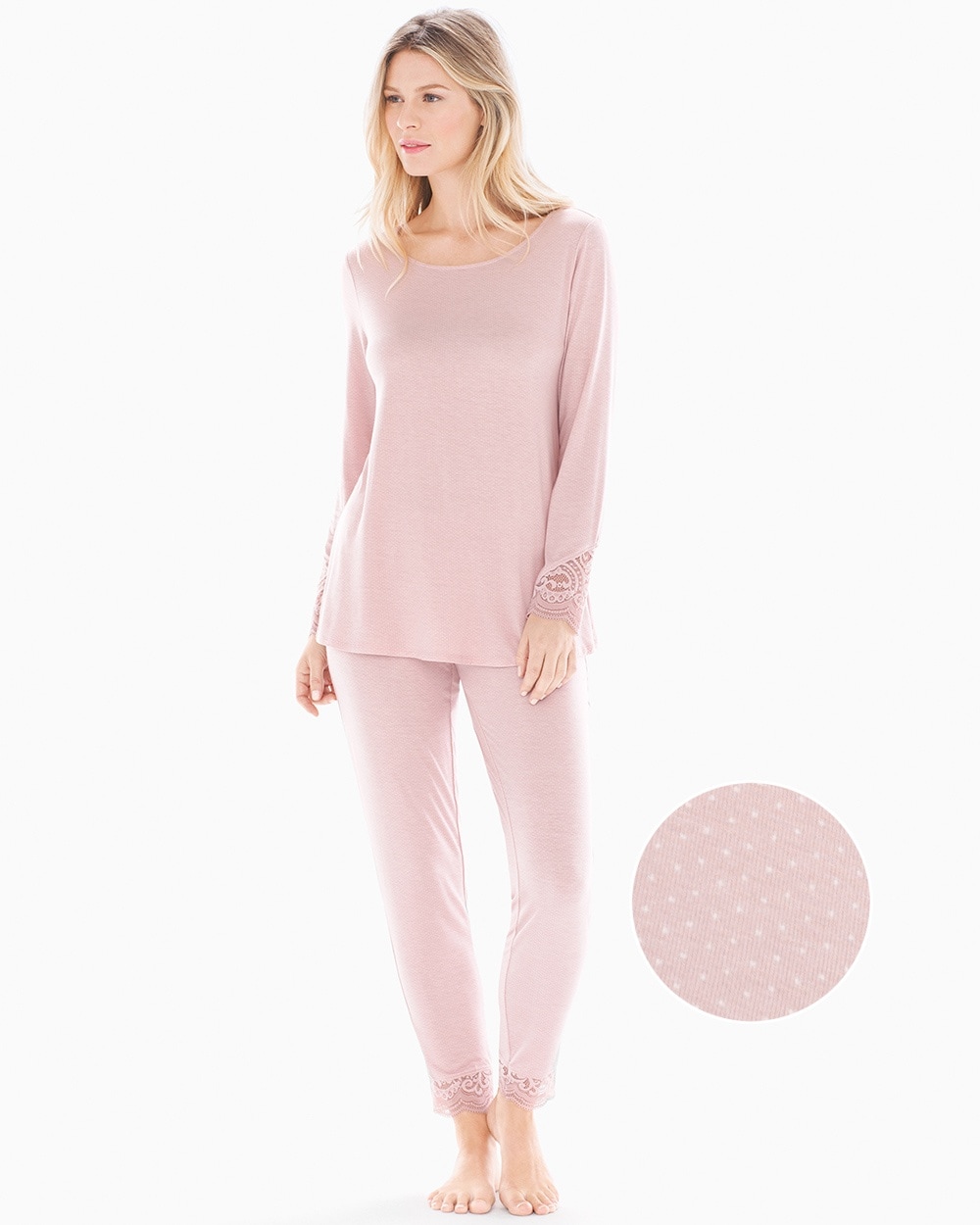 Cool Nights Lace Trim Long Sleeve Pajama Set Micro Dot Vintage Pink