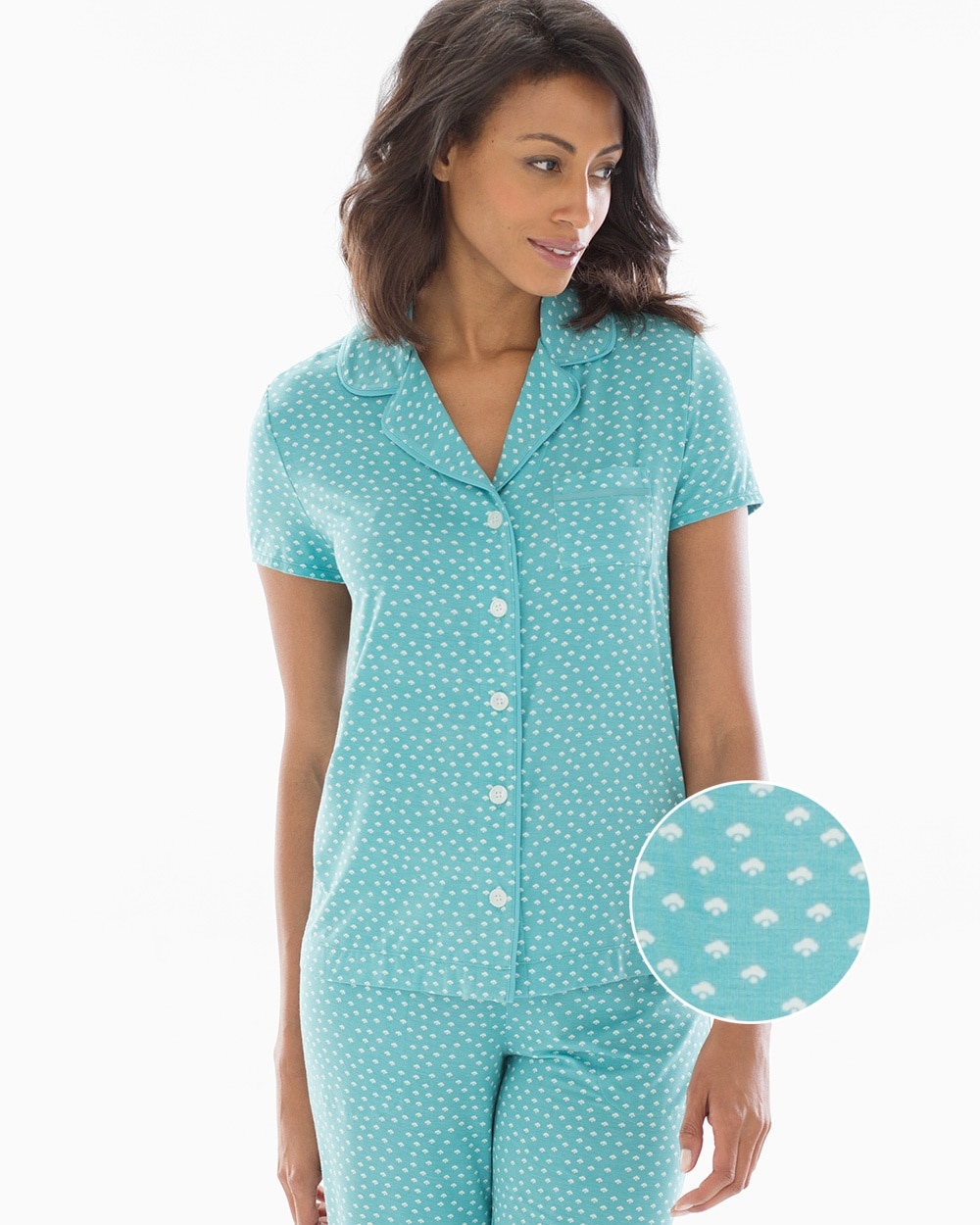 Cool Nights Short Sleeve Grosgrain Trim Notch Collar Pajama Top Airy Dot Aqua