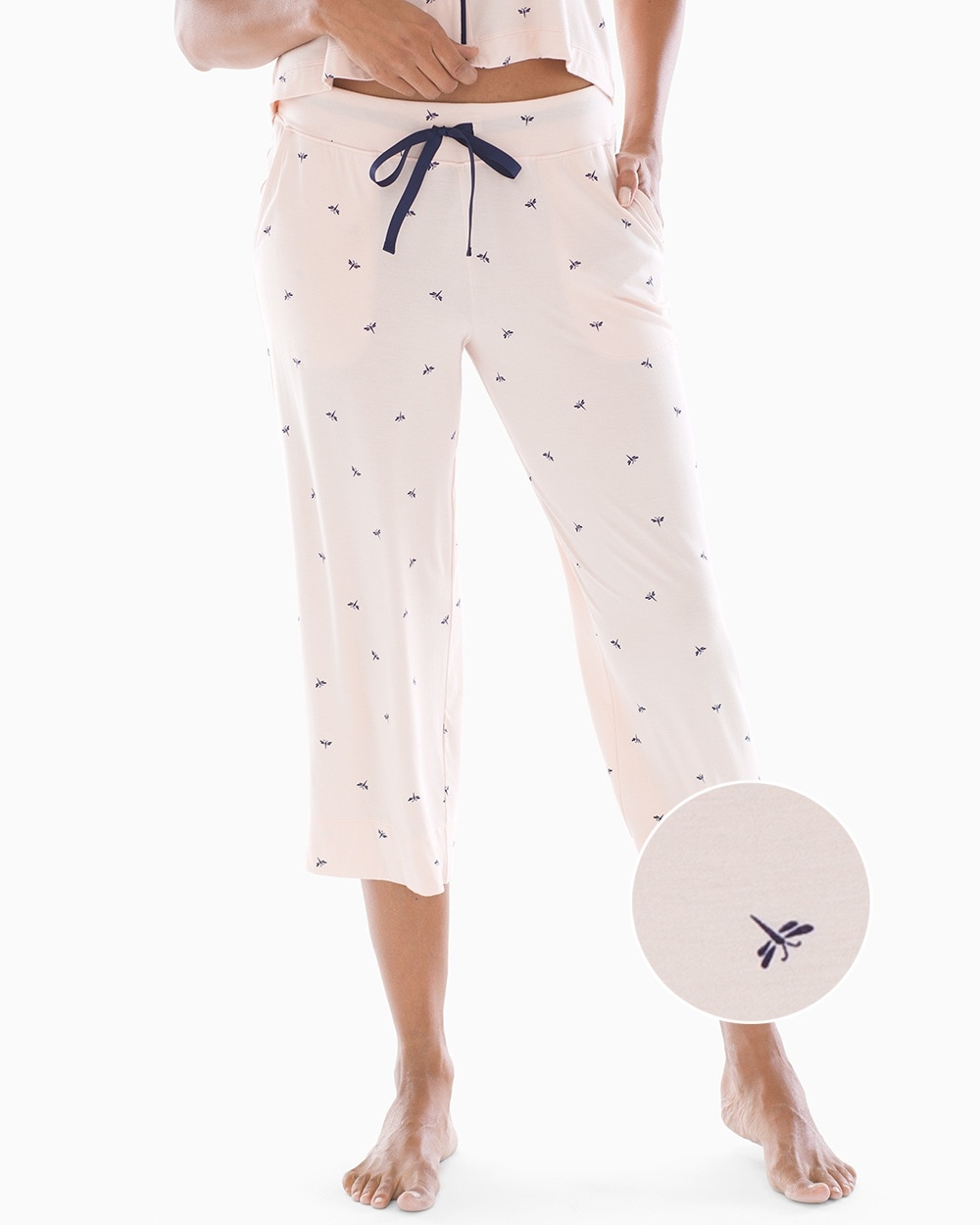 Cool Nights Grosgrain Trim Crop Pajama Pants Dragonfly Peach Blossom