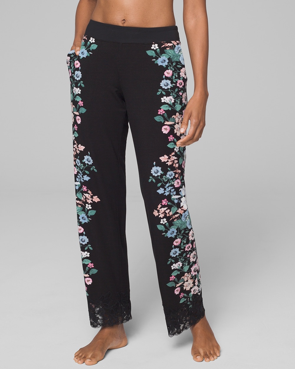 Cool Nights Lace Trim Sleep Pants Charming Floral Black