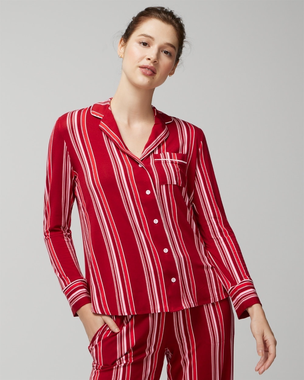SOMA WOMEN'S COOL NIGHTS LONG-SLEEVE COLLARED PAJAMA TOP IN RED SIZE SMALL | SOMA