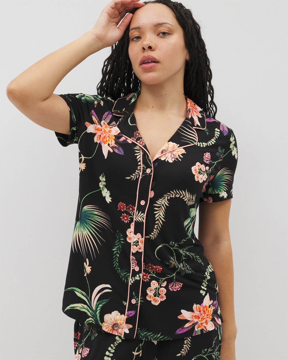 Cool Nights Piped Short Sleeve Notch Collar Pajama Top