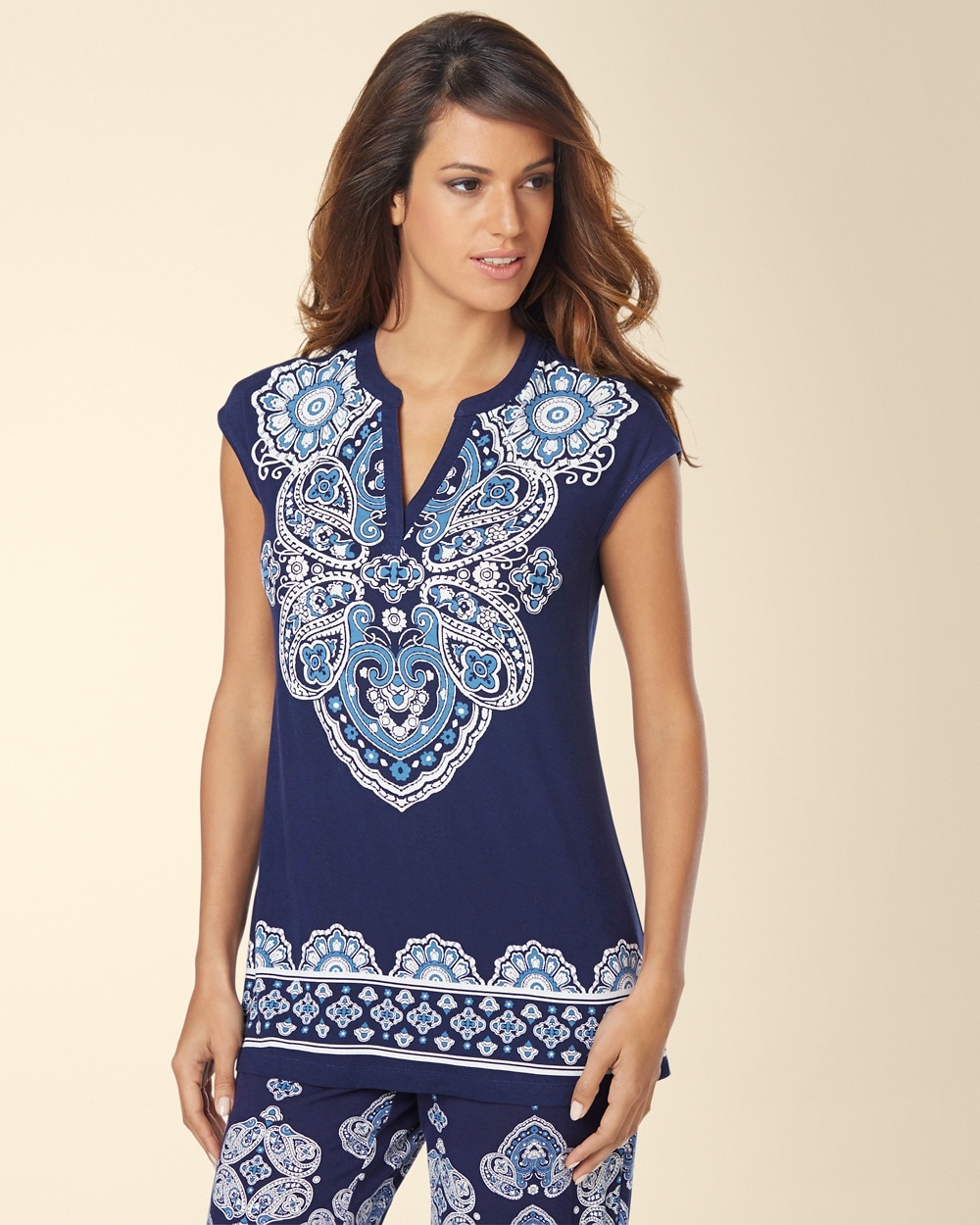 Embraceable Cool Nights Cap Sleeve Popover Pajama Top Studio Paisley Navy Placement