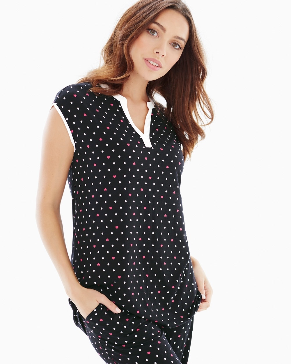 Embraceable Cool Nights Pop Over Cap Sleeve Pajama Top Wondrous Heart Black