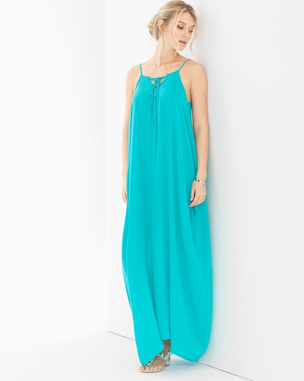 Elan Lace Up Neck Cover Up Maxi Dress Aqua