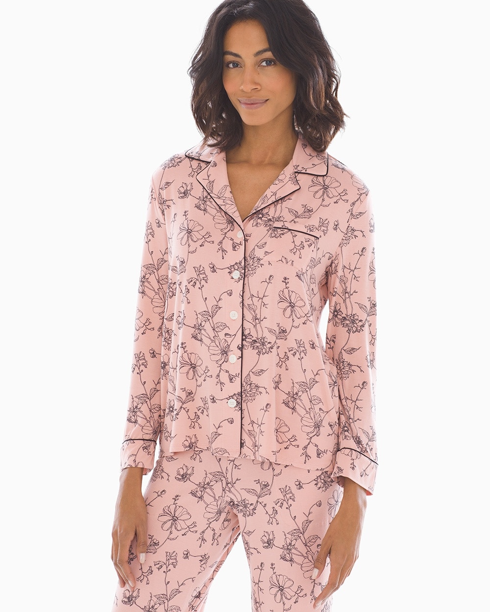 Cool Nights Long Sleeve Notch Collar Pajama Top Antique Floral Rose