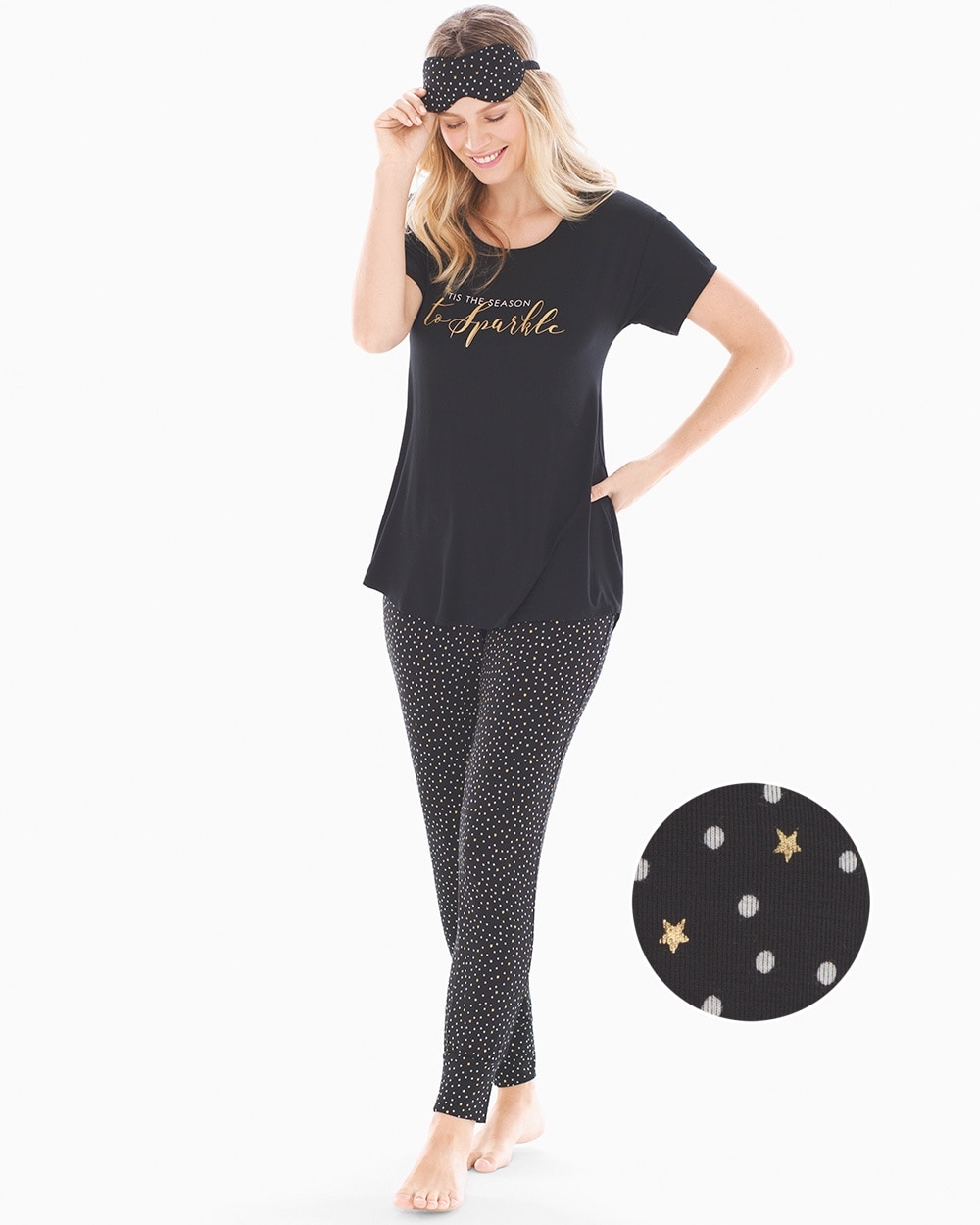 Cool Nights Short Sleeve Banded Ankle Pajama Set With Eye Mask Star Dot with Black Graphic
