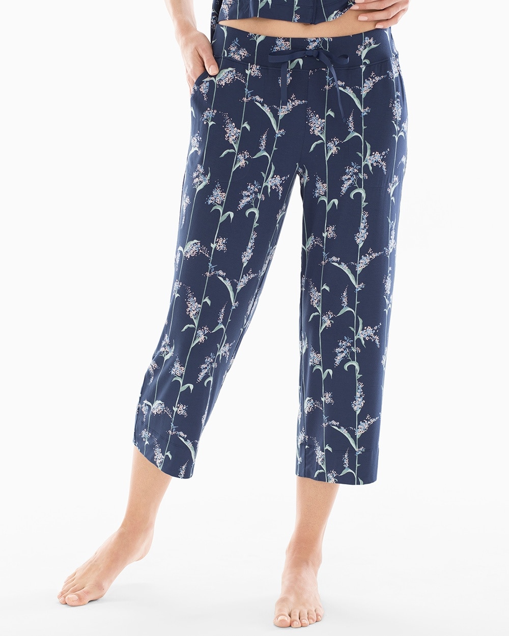 Cool Nights Grosgrain Trim Crop Pajama Pants Reverie Floral Navy