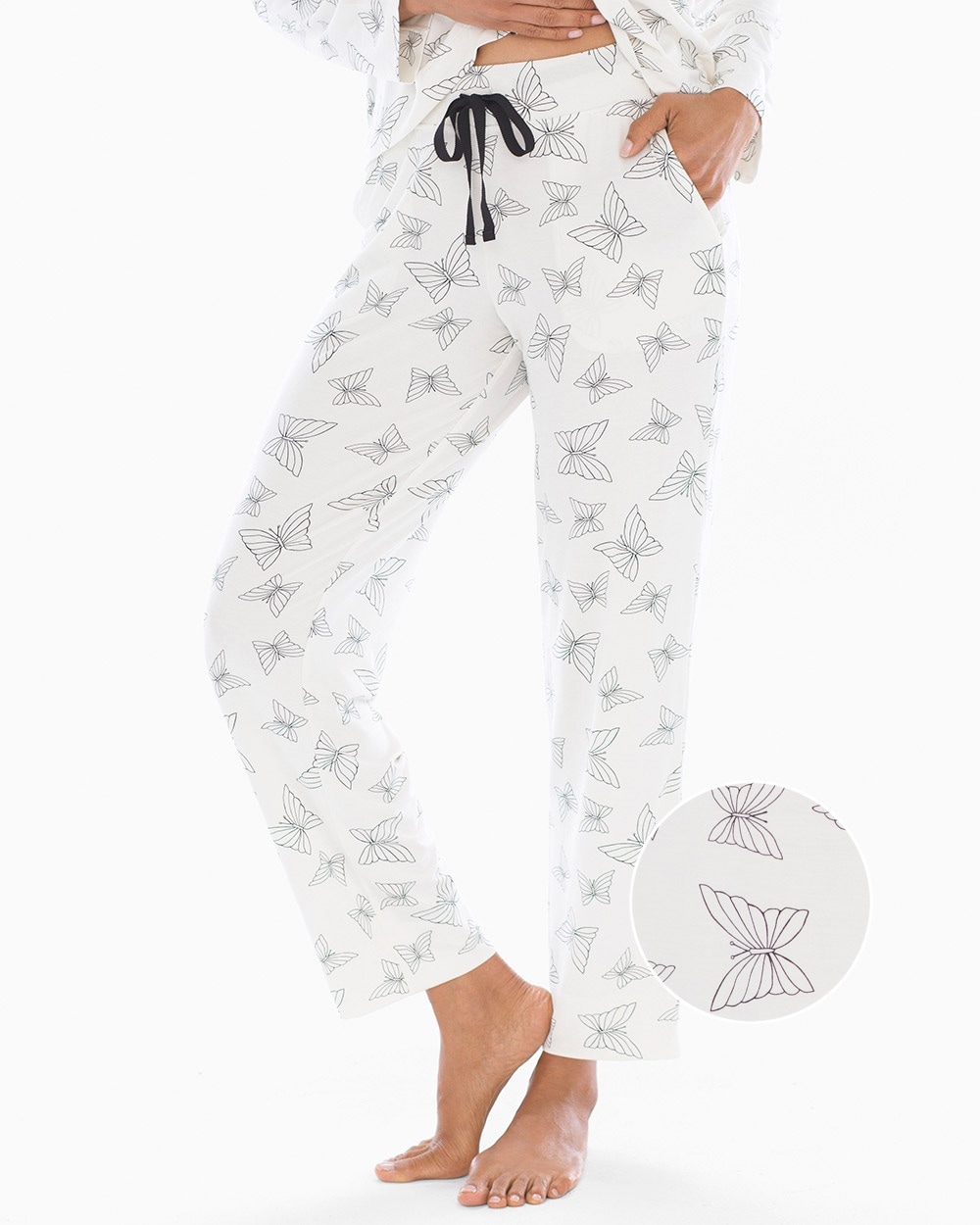 Cool Nights Grosgrain Trim Ankle Pajama Pants Happy Butterfly Ivory