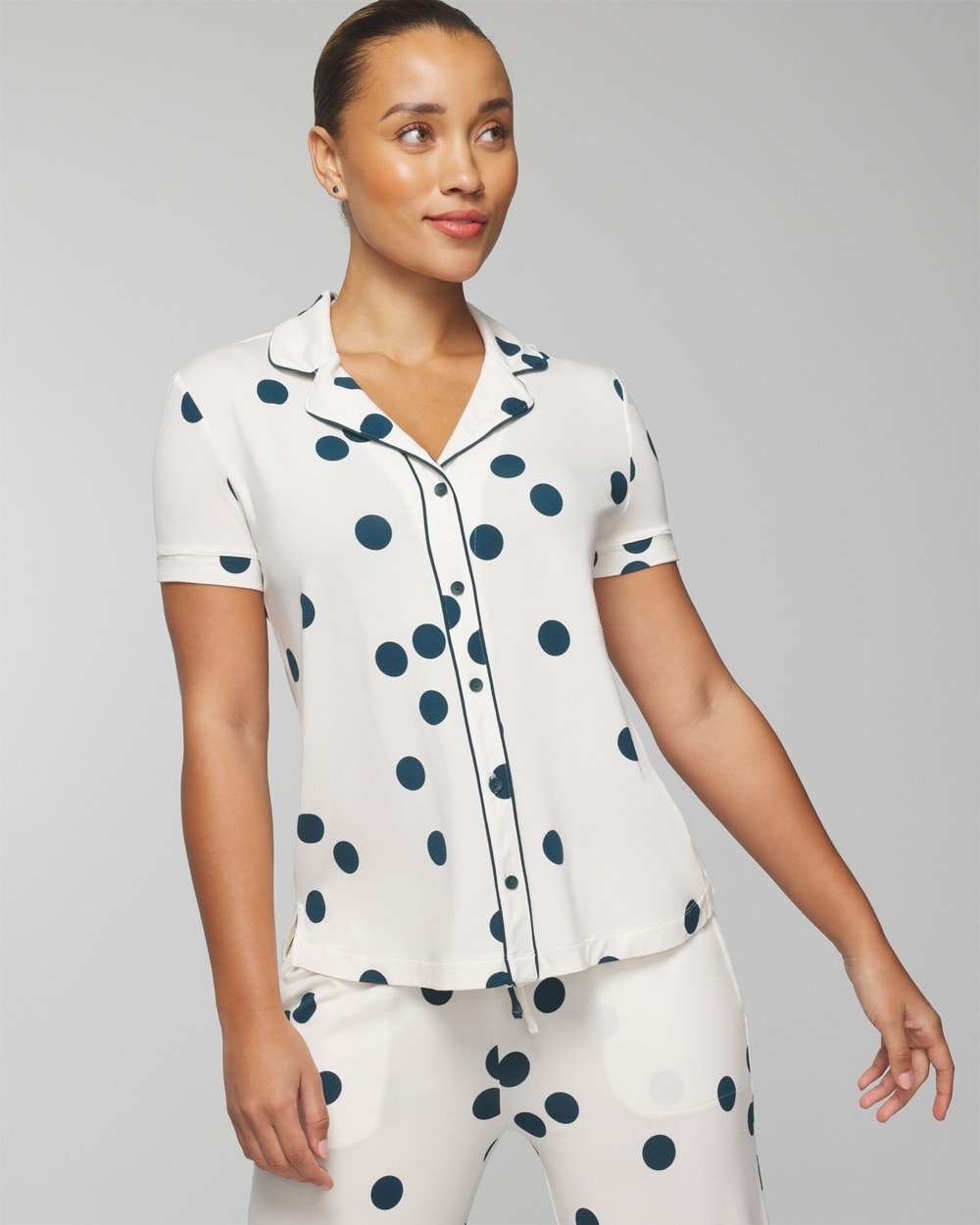 Soma Women's Cool Nights Printed Short Sleeve Notch Collar In White Polka Dot Size Small |