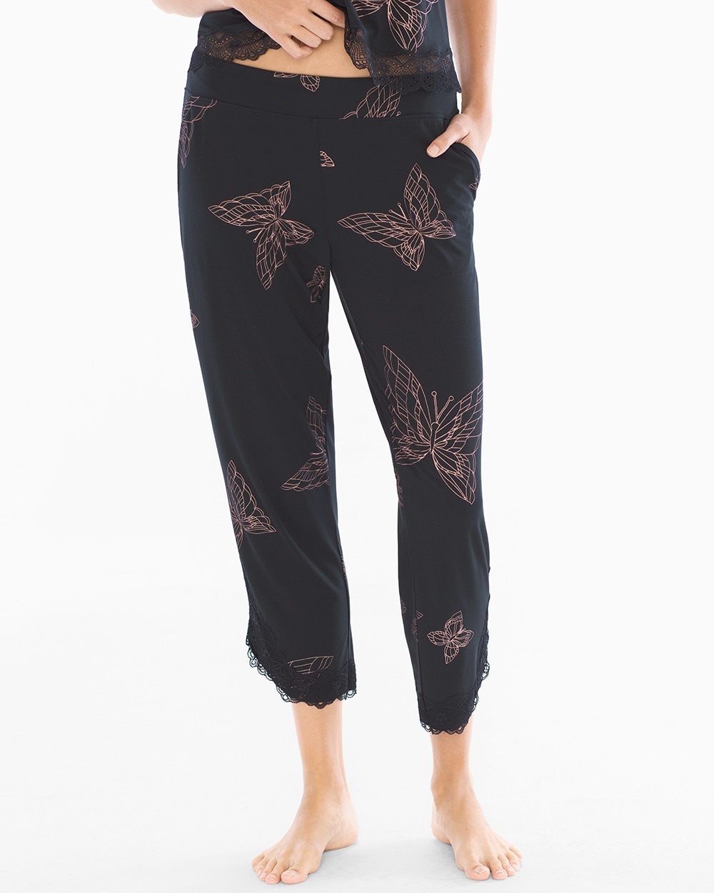 Cool Nights Lace Trim Ankle Pajama Pants Butterfly Large Black
