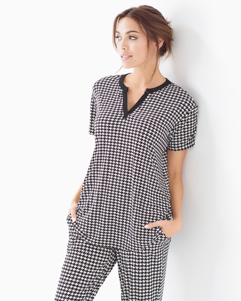 Cool Nights Pop Over Pajama Top Houndstooth Ivory