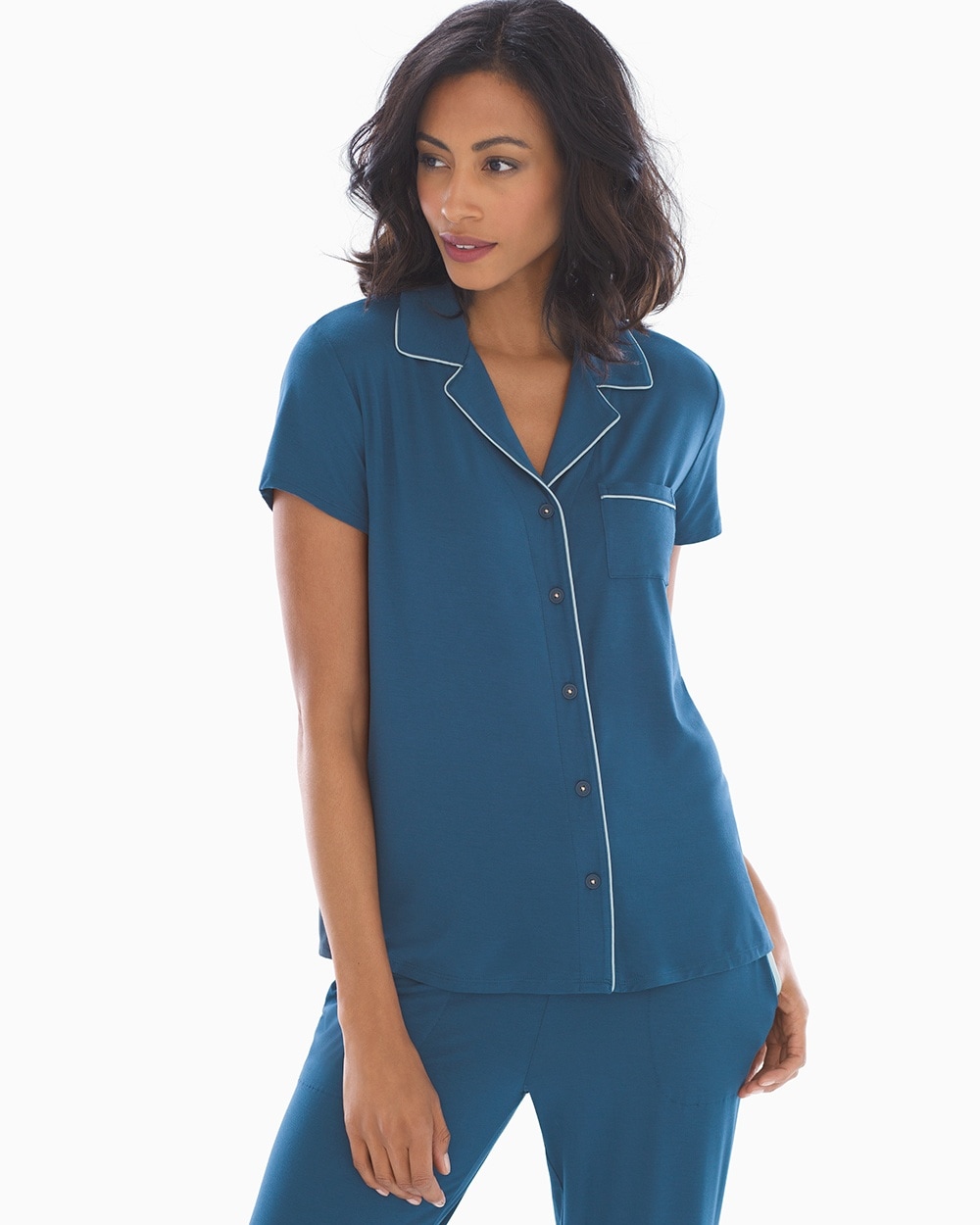 Cool Nights Short Sleeve Notch Collar Pajama Top Shadow Blue