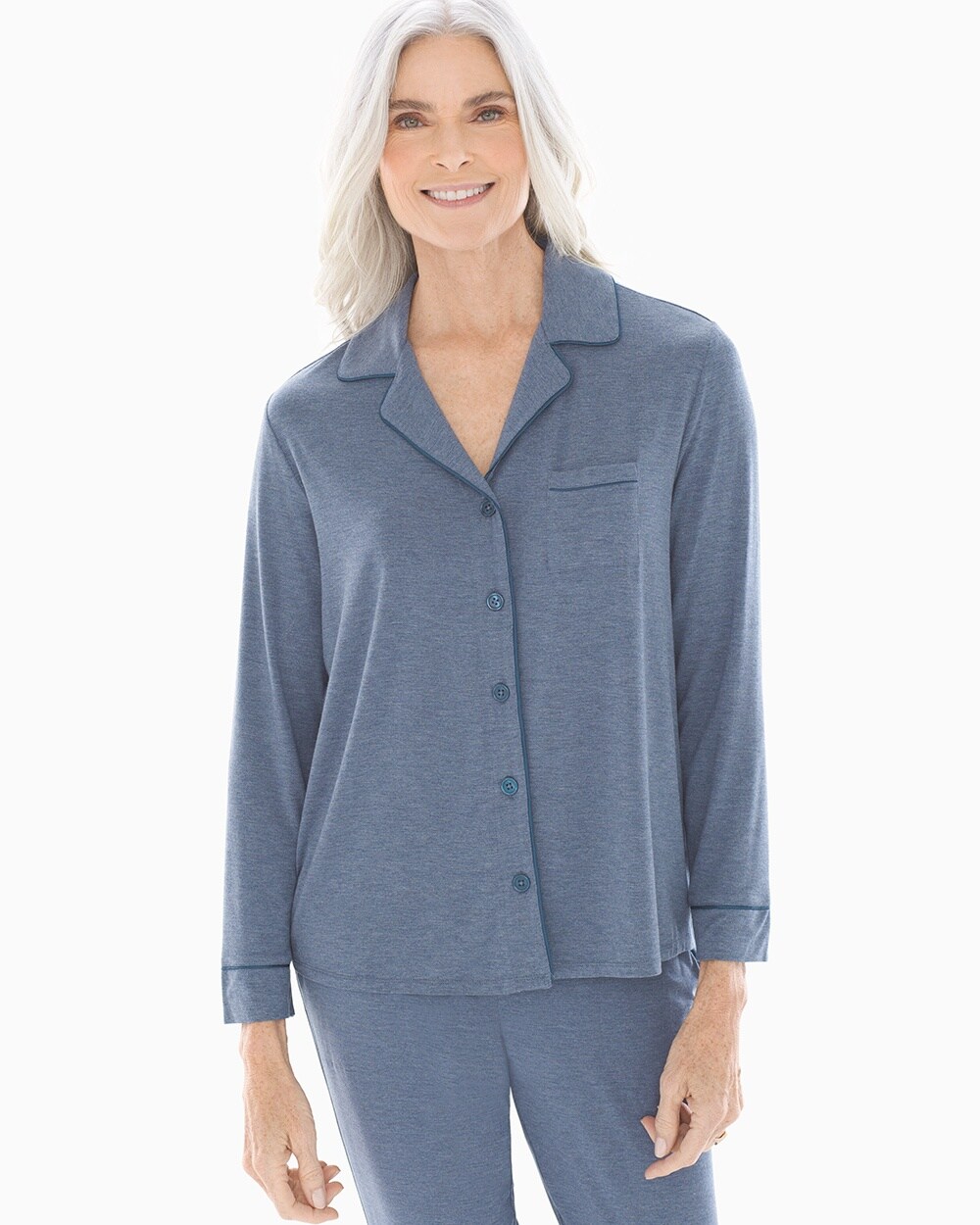 Cool Nights Long Sleeve Notch Collar Pajama Top Heather Shadow Blue