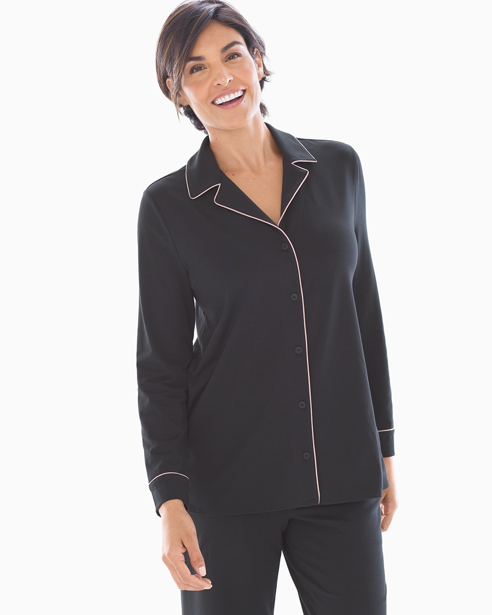 Embraceable Long Sleeve Notch Collar Pajama Top Black with Pink Trim