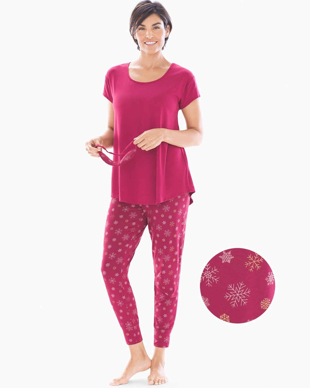 Cool Nights Short Sleeve Banded Ankle Pajama Set With Eye Mask Snowfall with Cranberry